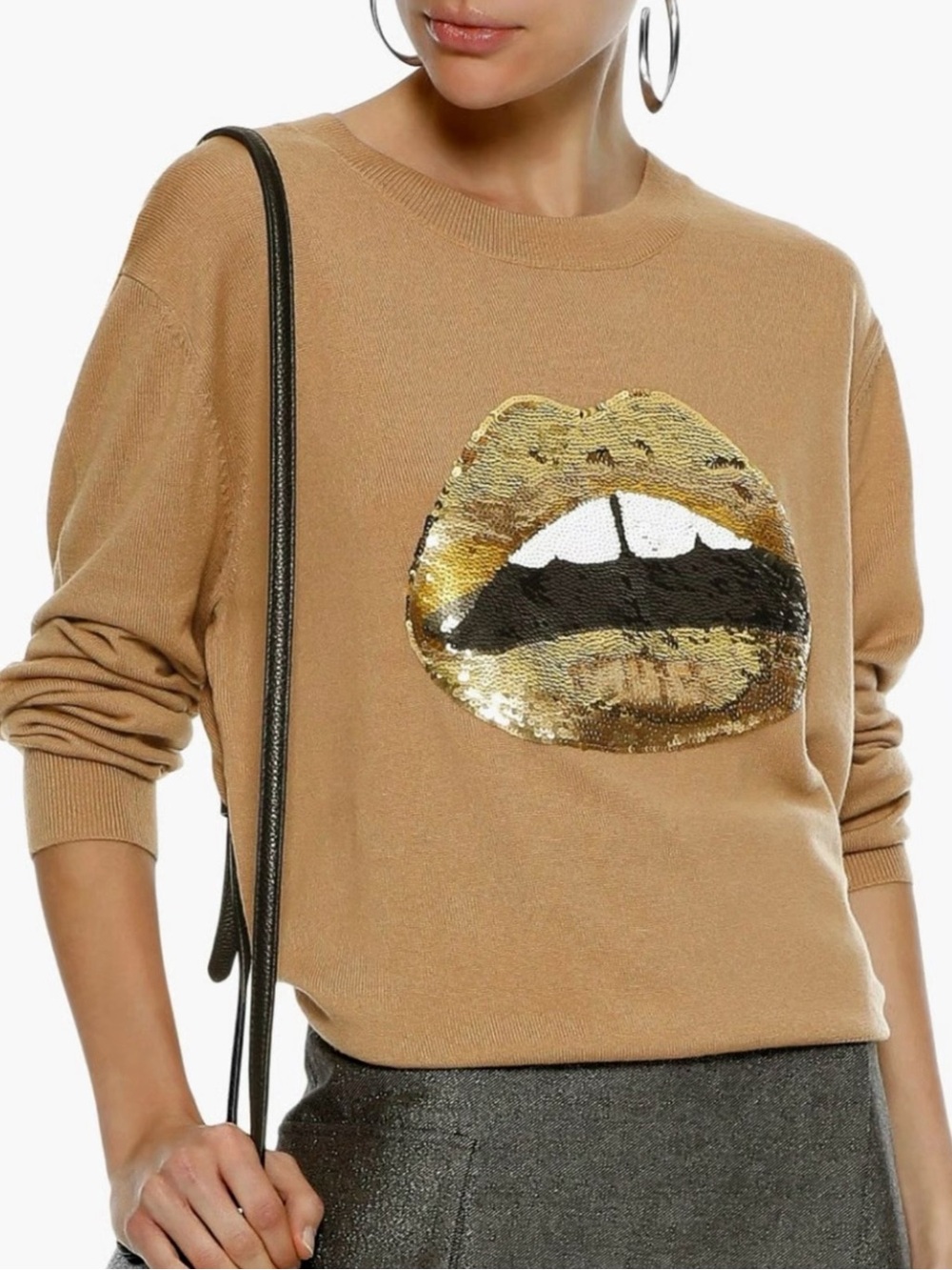 Markus Lupfer 100% Merino Wool Sequins Kiss Lips Camel Beige Sweater S Oversized